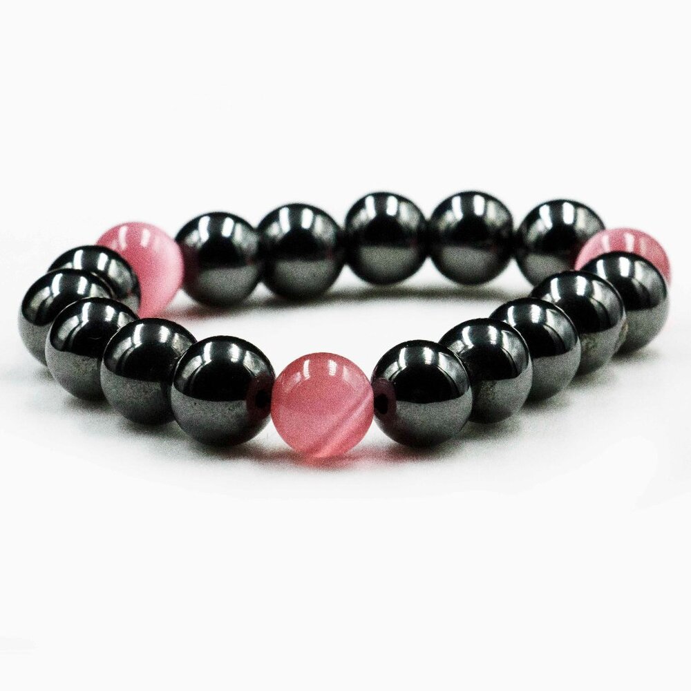 MAGNETIC HEMATITE & IRIDESCENT PINK BEAD STRETCH BRACELET - JBSHBP1